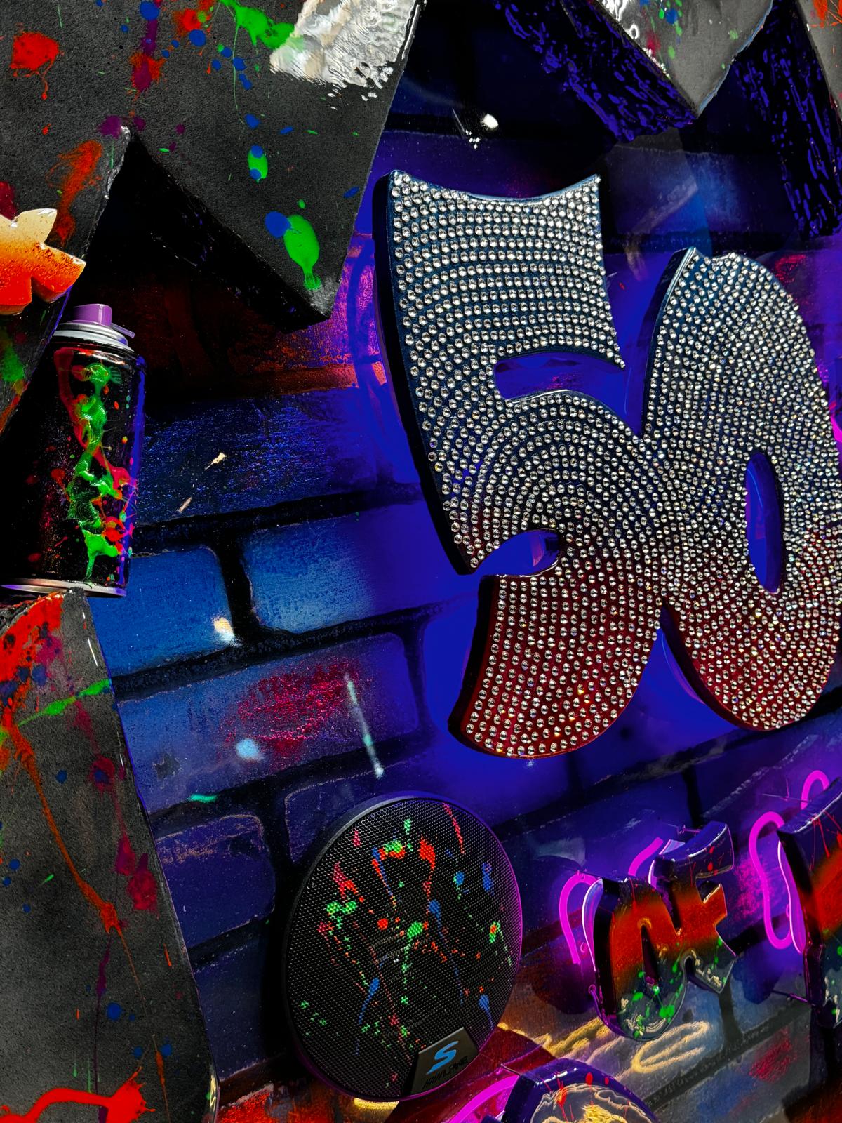 Statement artwork featuring Swarovski crystals, LED lighting, and sound integration.